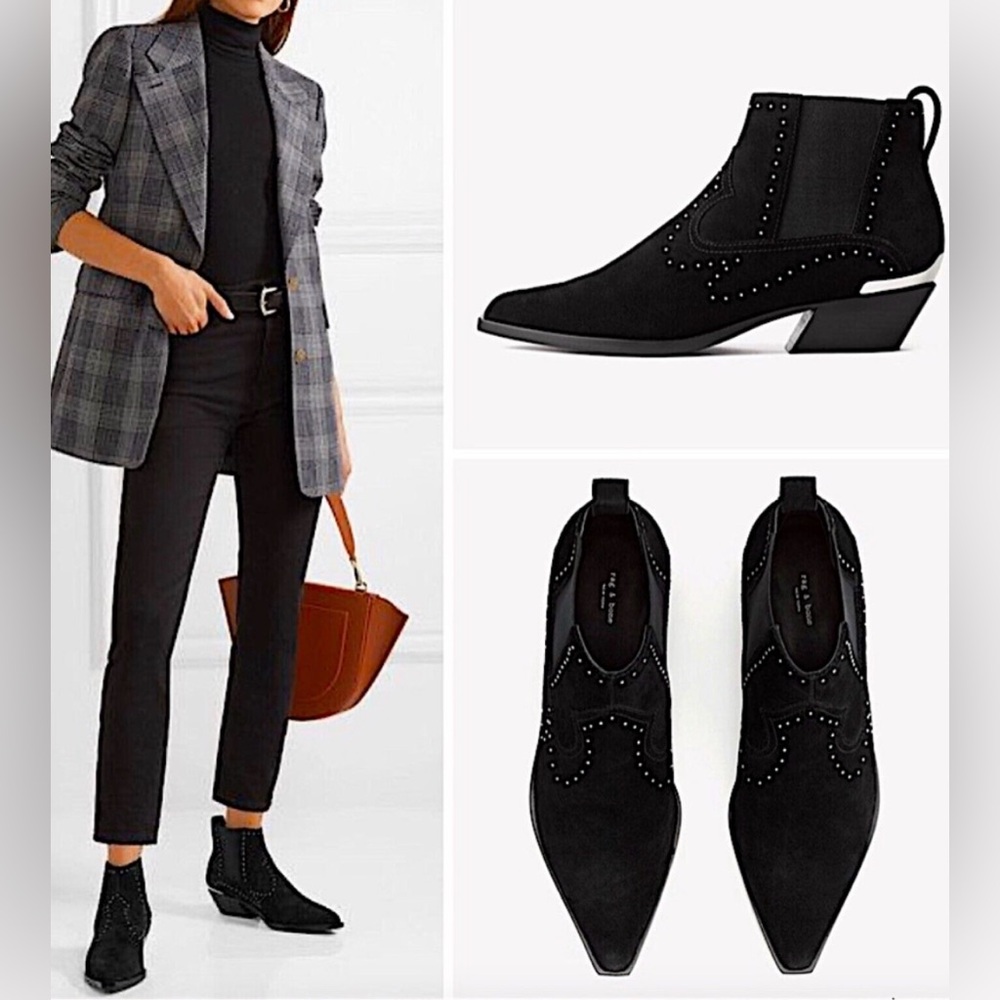 Rag & Bone Westin Suede Black Ankle Boots w/Studded Detail Size 7.5/37.5 New - Picture 3 of 12